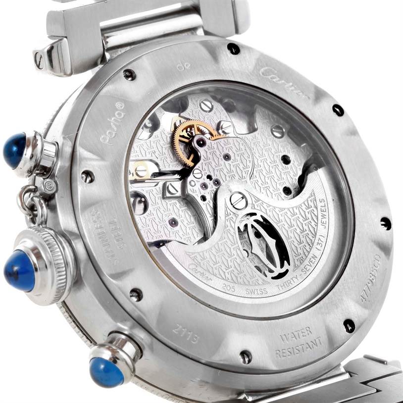This image shows the back view of the Cartier Pasha W31030H3 Men
s Stainless Steel Silver Dial W31030H3 Men
s Stainless Steel Silver Dial watch, emphasizing its mechanical movement and intricate internal components.
