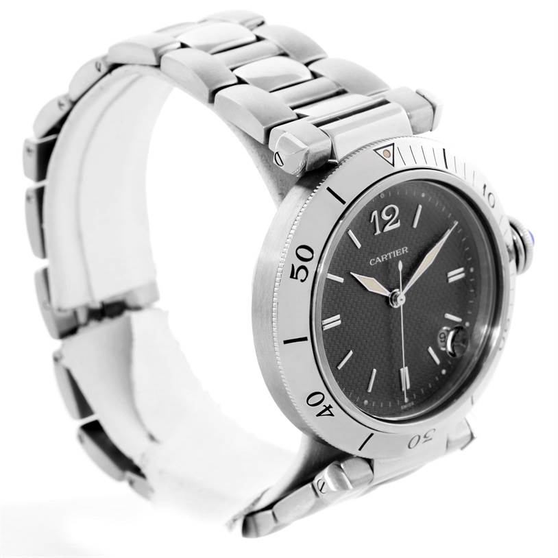 The image shows a side and angled view of the Cartier Pasha W31017H3 Men's Stainless Steel Grey Dial W31017H3 Men's Stainless Steel Grey Dial watch, highlighting its bezel, dial, and metal bracelet.