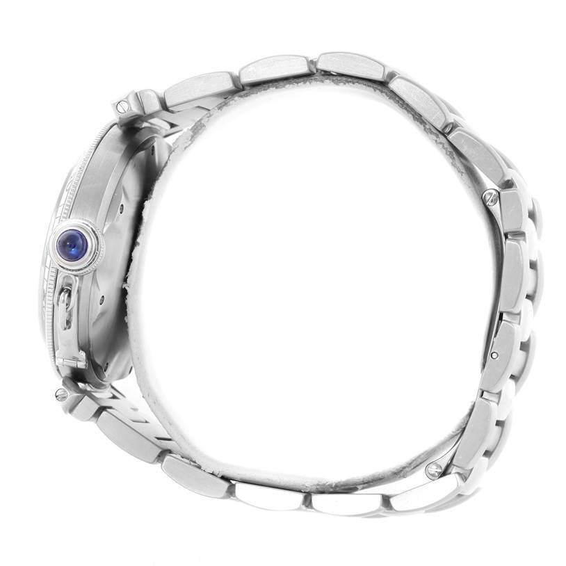 The image shows a side profile of the Cartier Pasha W31017H3 Men's Stainless Steel Grey Dial W31017H3 Men's Stainless Steel Grey Dial watch, highlighting the crown and stainless steel bracelet.