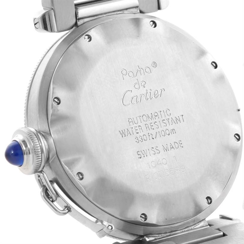 The image shows the back case of a Cartier Pasha W31017H3 Men's Stainless Steel Grey Dial W31017H3 Men's Stainless Steel Grey Dial watch, highlighting its automatic movement and water-resistant features.