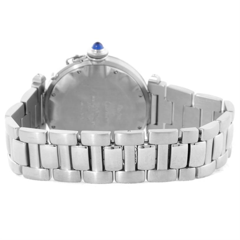 The image shows the back view and bracelet of a Cartier Pasha W31017H3 Men's Stainless Steel Grey Dial W31017H3 Men's Stainless Steel Grey Dial watch, featuring its clasp and case back.
