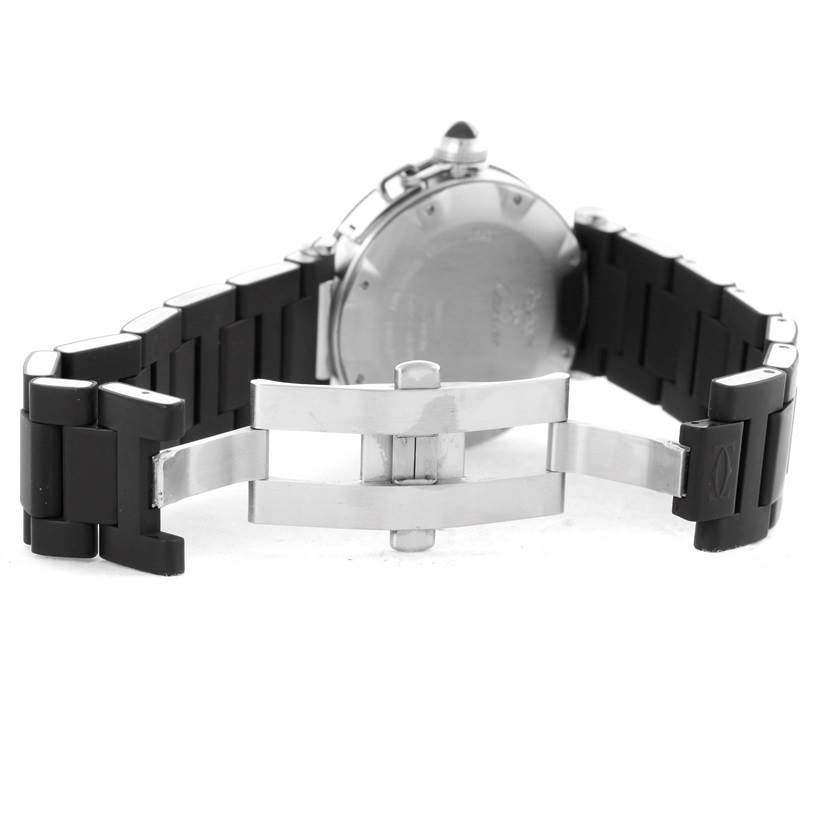 The image shows the back view of a Cartier Pasha W31077U2 Men's Stainless Steel Black Dial W31077U2 Men's Stainless Steel Black Dial watch, focusing on the clasp and strap.