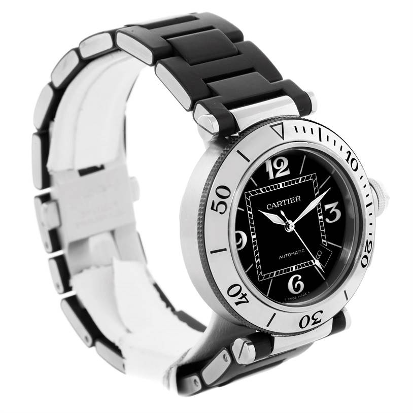 This image shows a side angle of the Cartier Pasha W31077U2 Men's Stainless Steel Black Dial W31077U2 Men's Stainless Steel Black Dial watch, highlighting its black dial, bezel, and bracelet.