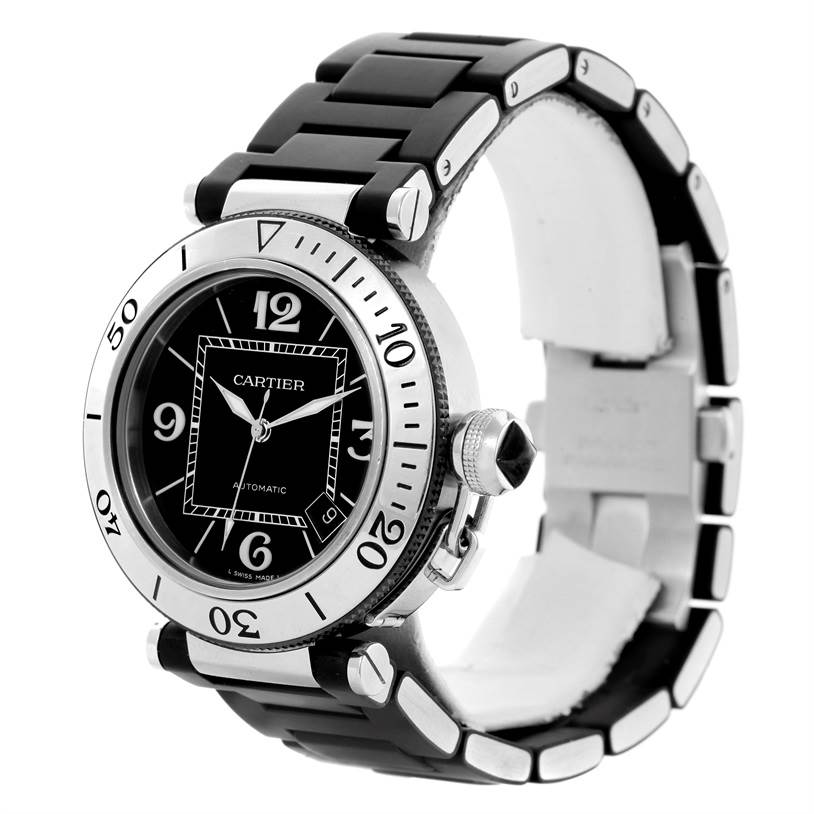 This is a Cartier Pasha W31077U2 Men's Stainless Steel Black Dial W31077U2 Men's Stainless Steel Black Dial watch shown from a front and right-side angle, highlighting its face, bezel, and rubber strap.