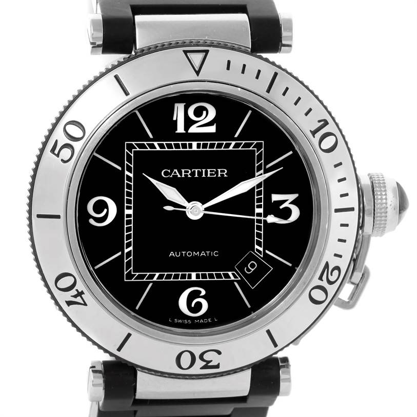 The image shows a front view of a Cartier Pasha W31077U2 Men's Stainless Steel Black Dial W31077U2 Men's Stainless Steel Black Dial watch, highlighting its dial, bezel, and crown.