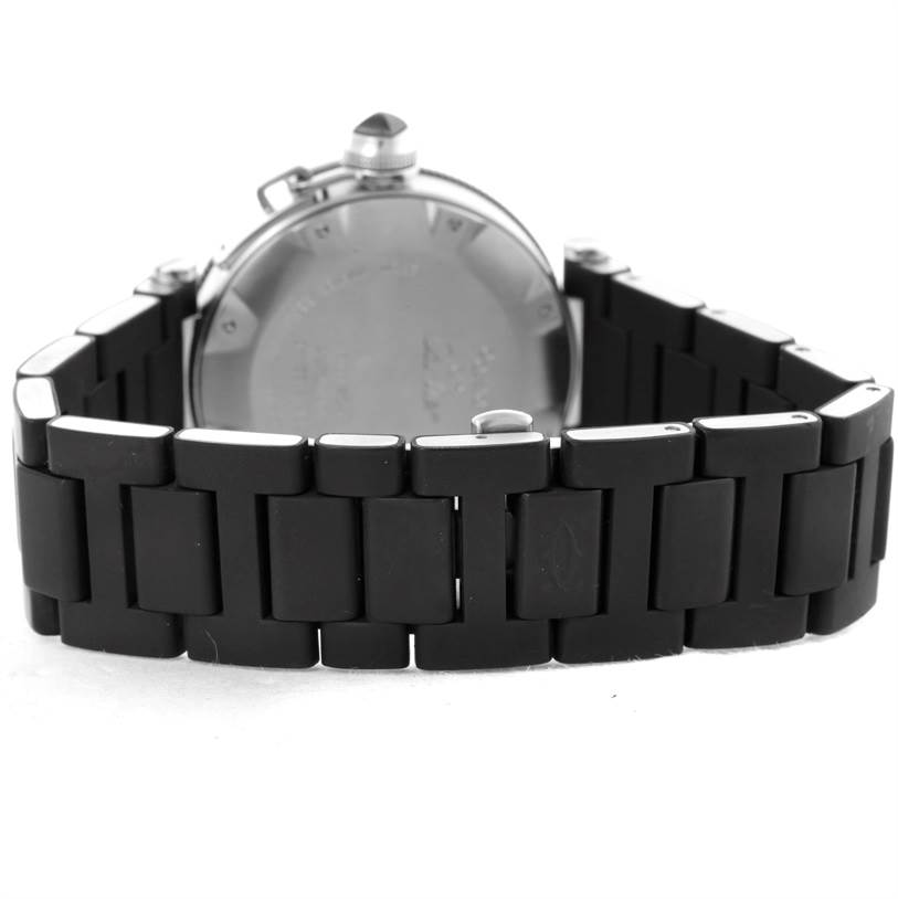 The image shows the back case and bracelet of a Cartier Pasha W31077U2 Men's Stainless Steel Black Dial W31077U2 Men's Stainless Steel Black Dial watch at a rear angle.