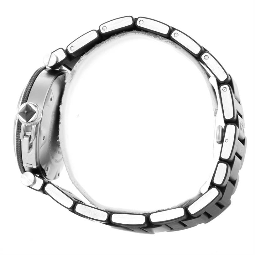 Side profile of a Cartier Pasha W31077U2 Men's Stainless Steel Black Dial W31077U2 Men's Stainless Steel Black Dial watch showing the crown, case, and part of the bracelet.