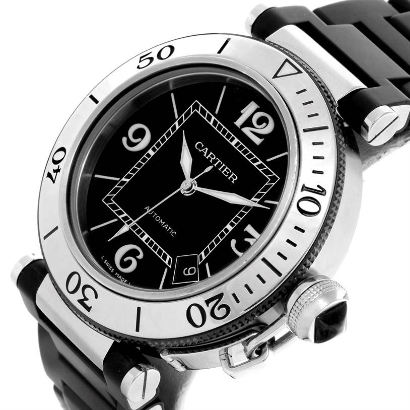 The Cartier Pasha W31077U2 Men's Stainless Steel Black Dial W31077U2 Men's Stainless Steel Black Dial watch is shown from a tilted top angle, displaying the face, bezel, crown, and part of the strap.