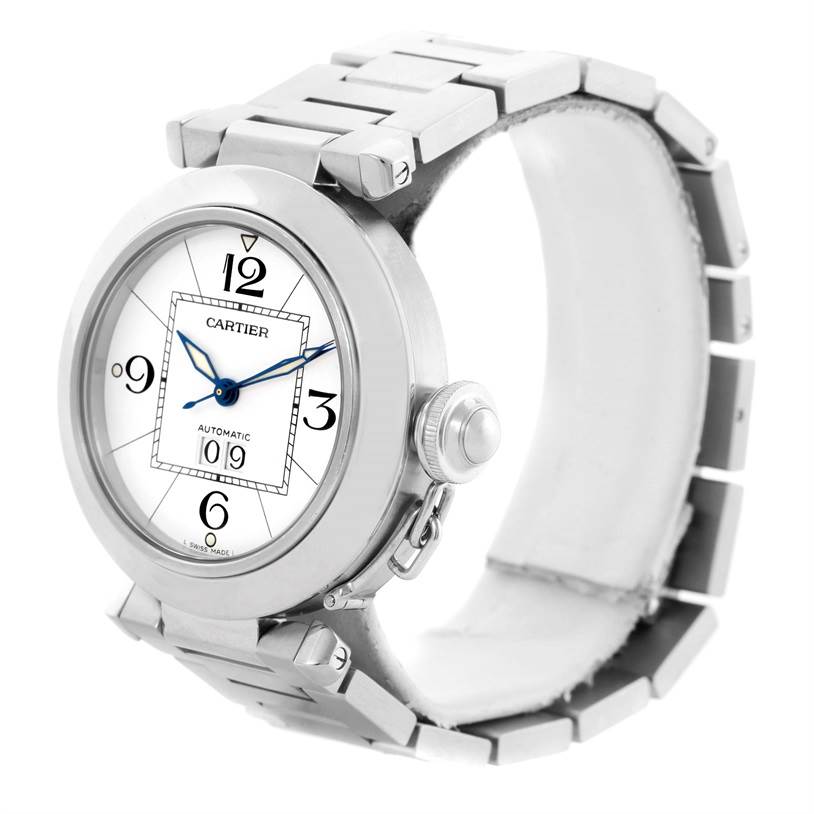 The image shows the Cartier Pasha W31055M7 Men's Stainless Steel White Dial W31055M7 Men's Stainless Steel White Dial watch from a front-side angle, highlighting the face, bezel, crown, and part of the bracelet.