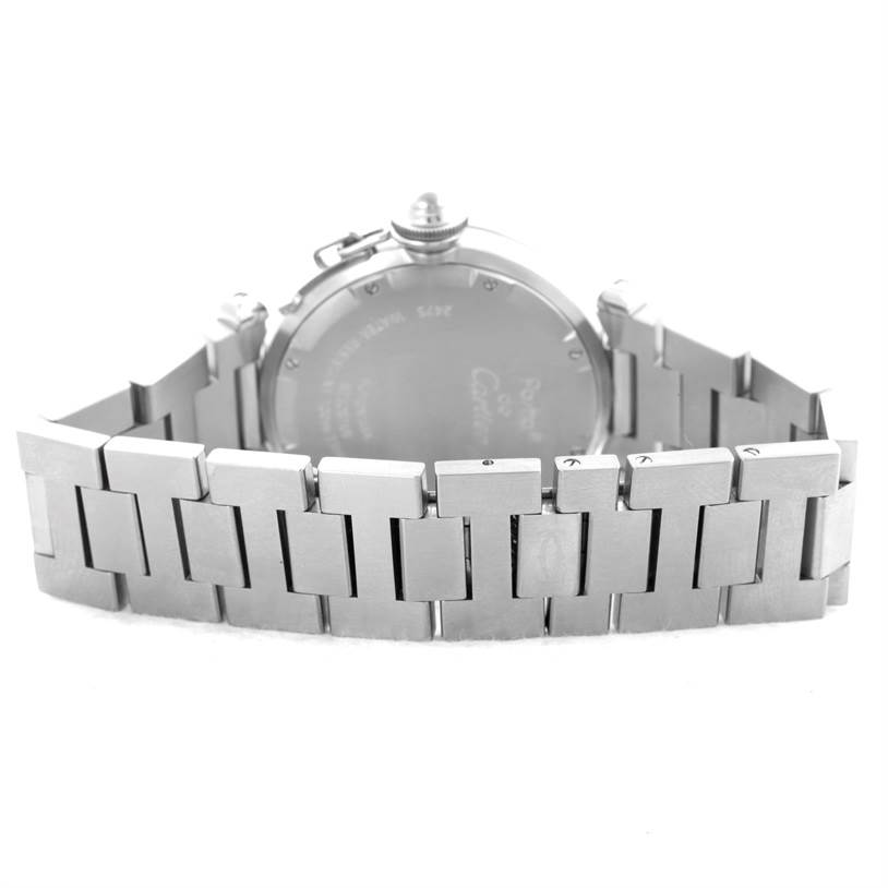 The image shows the back case and metal bracelet of a Cartier Pasha W31055M7 Men's Stainless Steel White Dial W31055M7 Men's Stainless Steel White Dial watch from a rear angle.