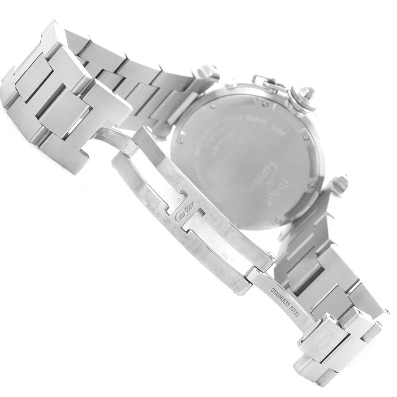 This image shows the open stainless steel bracelet, clasp, and caseback of the Cartier Pasha W31055M7 Men's Stainless Steel White Dial W31055M7 Men's Stainless Steel White Dial watch from a rear angle.