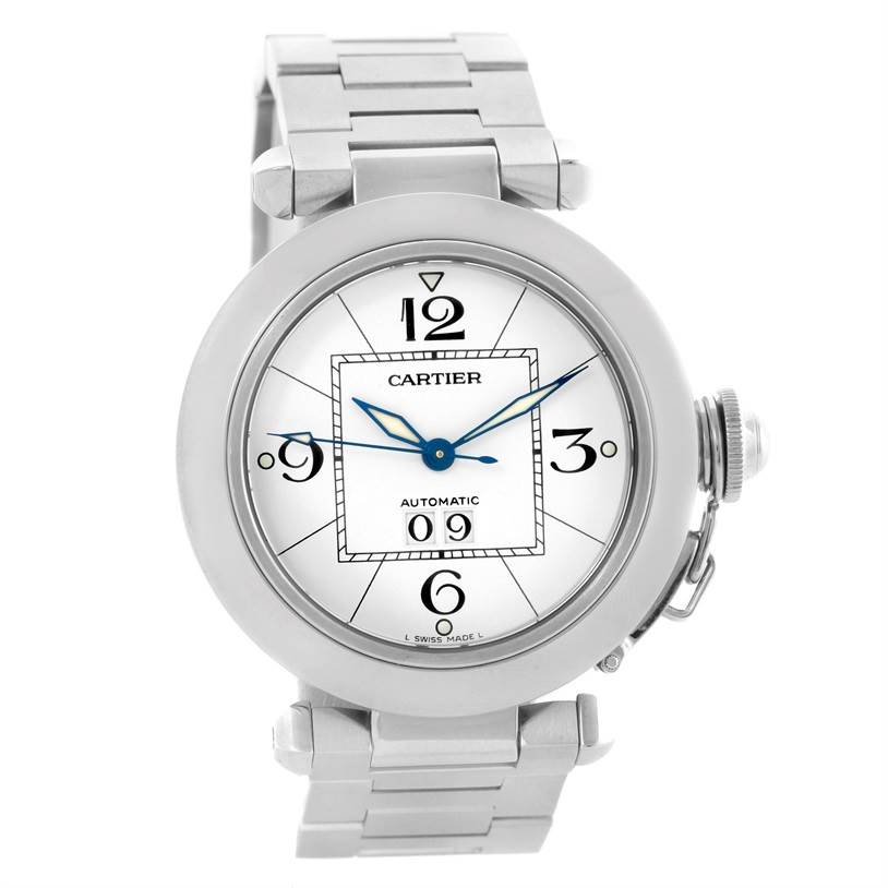 The image shows a front view of a Cartier Pasha W31055M7 Men's Stainless Steel White Dial W31055M7 Men's Stainless Steel White Dial watch, highlighting its dial, bracelet, and crown protector.
