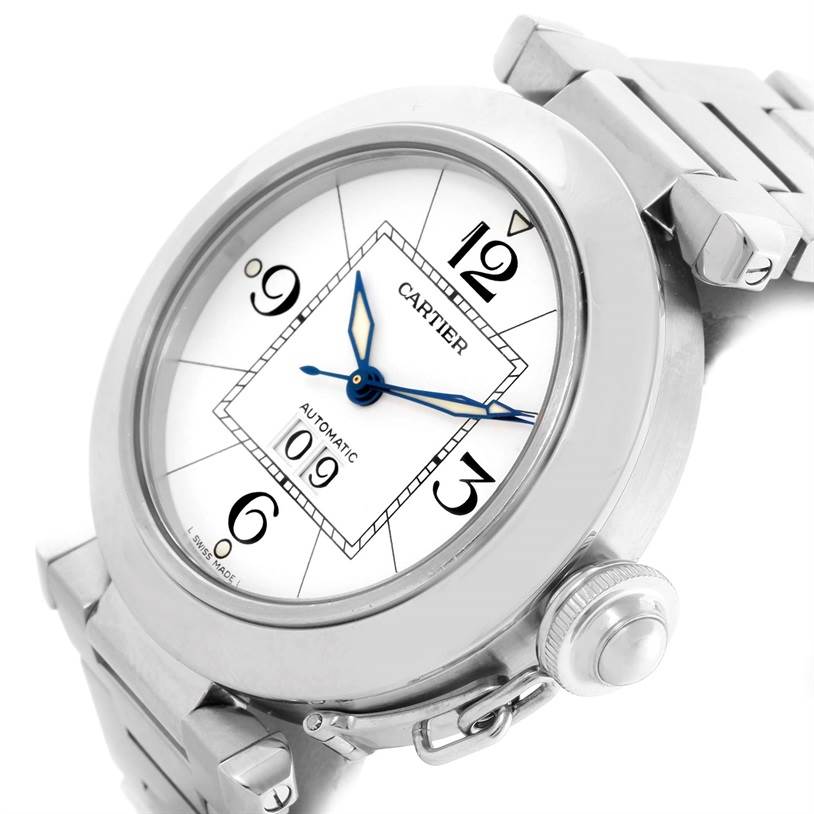 The Cartier Pasha W31055M7 Men's Stainless Steel White Dial W31055M7 Men's Stainless Steel White Dial watch is shown at an angled view, highlighting its face, crown, and part of the metal wristband.