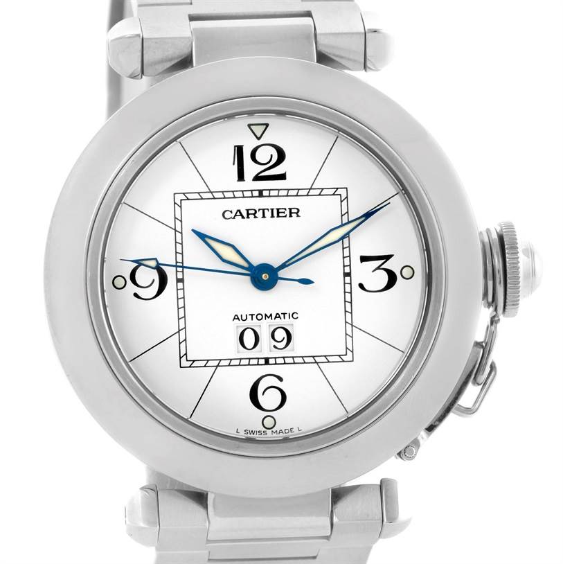 This image shows a frontal view of the Cartier Pasha W31055M7 Men's Stainless Steel White Dial W31055M7 Men's Stainless Steel White Dial watch, highlighting its dial, case, and part of the bracelet.