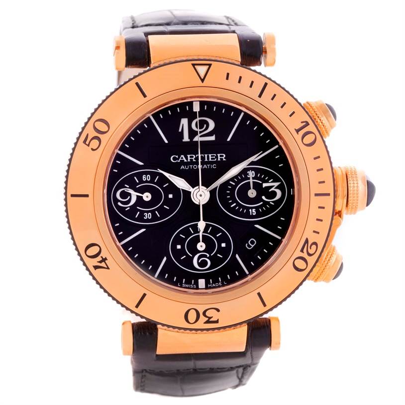 This image shows a front view of the Cartier Pasha W3030018 Men's Rose Gold Black Dial W3030018 Men's Rose Gold Black Dial watch, highlighting its black dial, gold bezel, sub-dials, and leather strap.