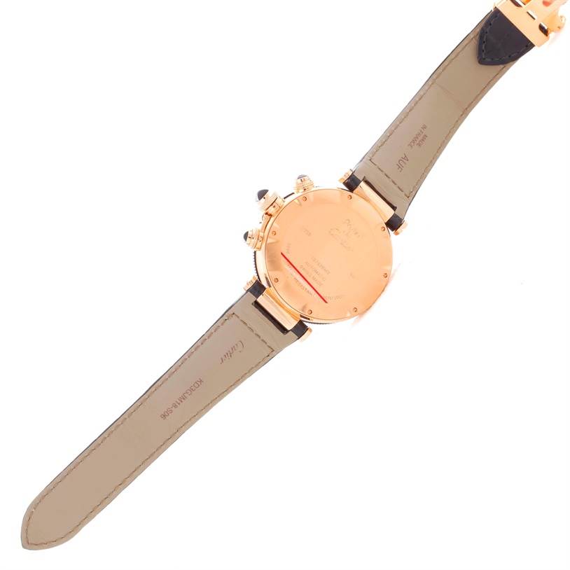 The image shows the back side and straps of a Cartier Pasha W3030018 Men's Rose Gold Black Dial W3030018 Men's Rose Gold Black Dial watch.