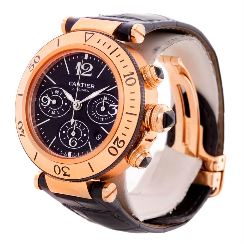 The image shows a Cartier Pasha W3030018 Men's Rose Gold Black Dial W3030018 Men's Rose Gold Black Dial watch at an angle highlighting the face, crown, pushers, and part of the black leather strap.