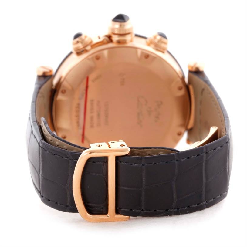 The image shows the back of a Cartier Pasha W3030018 Men's Rose Gold Black Dial W3030018 Men's Rose Gold Black Dial watch, highlighting the clasp and back case with crown and pushers visible.