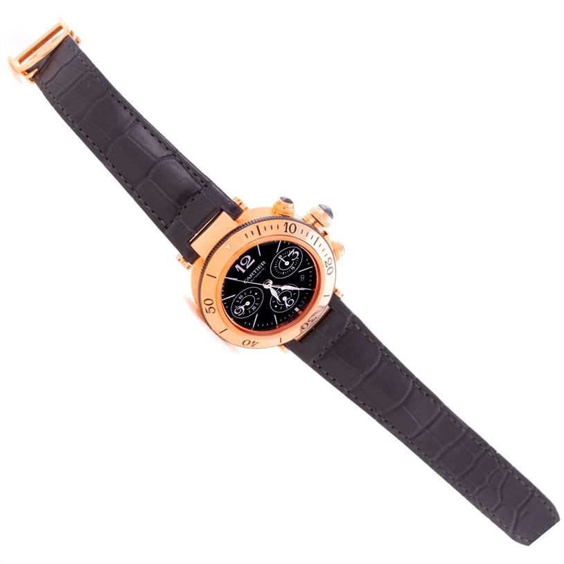 The Cartier Pasha W3030018 Men's Rose Gold Black Dial W3030018 Men's Rose Gold Black Dial watch is shown at a slight diagonal angle with a full view of its face, bezel, crown, and leather strap.