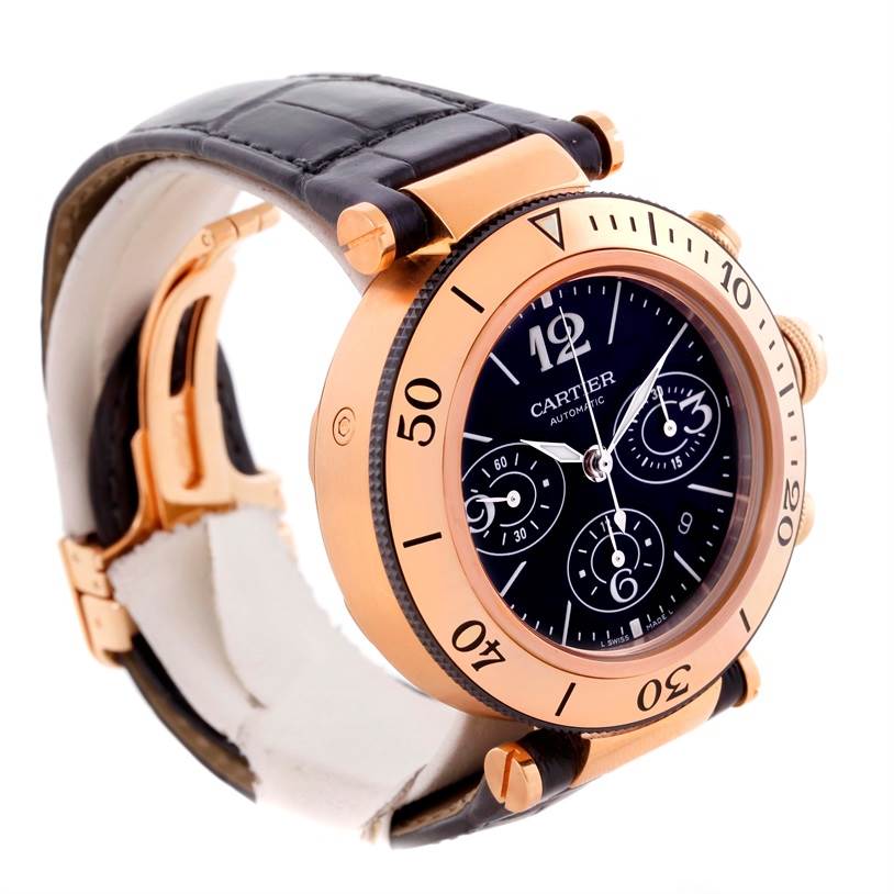 The image shows a Cartier Pasha W3030018 Men's Rose Gold Black Dial W3030018 Men's Rose Gold Black Dial watch at an angle highlighting the round face, bezel, crown, and leather strap.