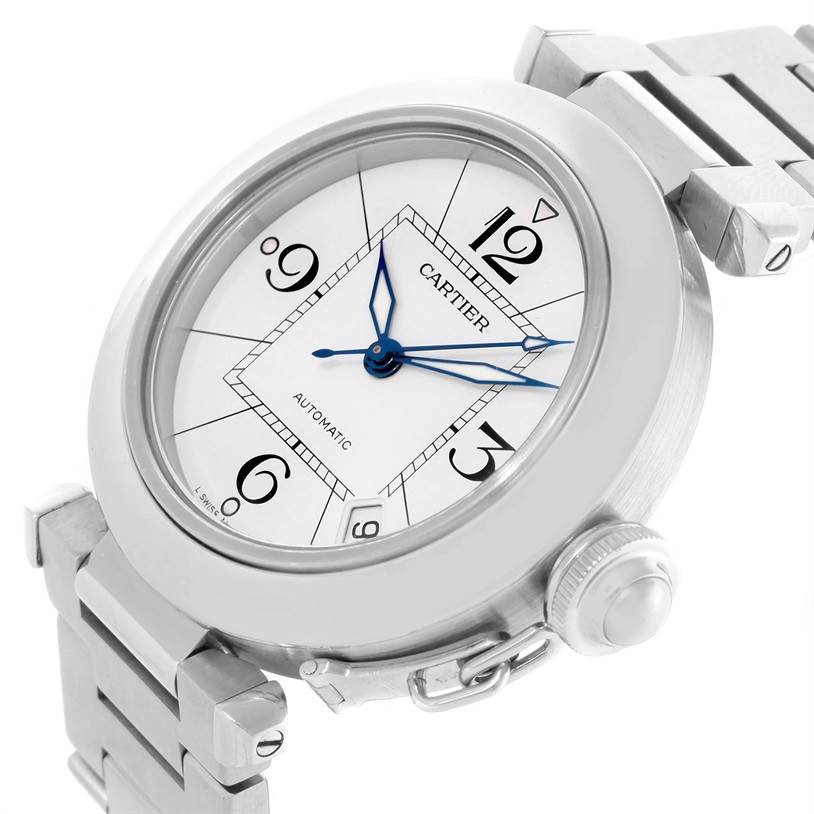 The image shows a Cartier Pasha W31074M7 Men's Stainless Steel White Dial W31074M7 Men's Stainless Steel White Dial watch from an upper side angle, highlighting its dial, crown, and part of the bracelet.