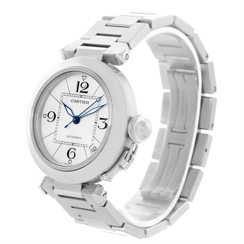 The Cartier Pasha W31074M7 Men's Stainless Steel White Dial W31074M7 Men's Stainless Steel White Dial watch is shown at a three-quarter angle, highlighting its dial, bezel, crown, and metal bracelet.