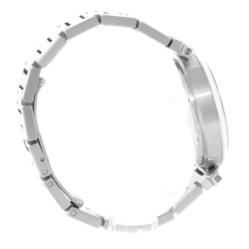 This image displays the side view of the Cartier Pasha W31074M7 Men's Stainless Steel White Dial W31074M7 Men's Stainless Steel White Dial watch, highlighting its metal bracelet and case.