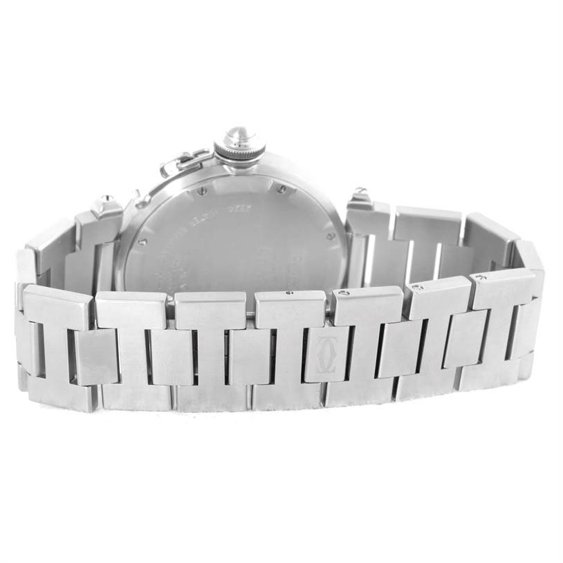 The image shows the back case and bracelet of a Cartier Pasha W31074M7 Men's Stainless Steel White Dial W31074M7 Men's Stainless Steel White Dial watch from a rear angle.
