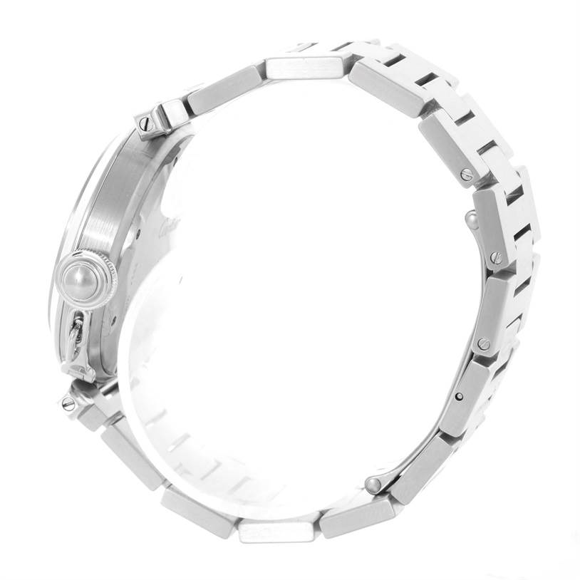 The image shows a side view of the Cartier Pasha W31074M7 Men's Stainless Steel White Dial W31074M7 Men's Stainless Steel White Dial model, highlighting the bracelet and crown.