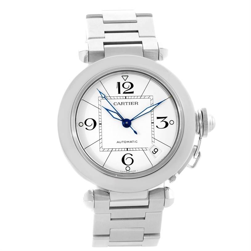 The image shows a front view of a Cartier Pasha W31074M7 Men's Stainless Steel White Dial W31074M7 Men's Stainless Steel White Dial watch, highlighting its dial, hands, case, and part of the bracelet.