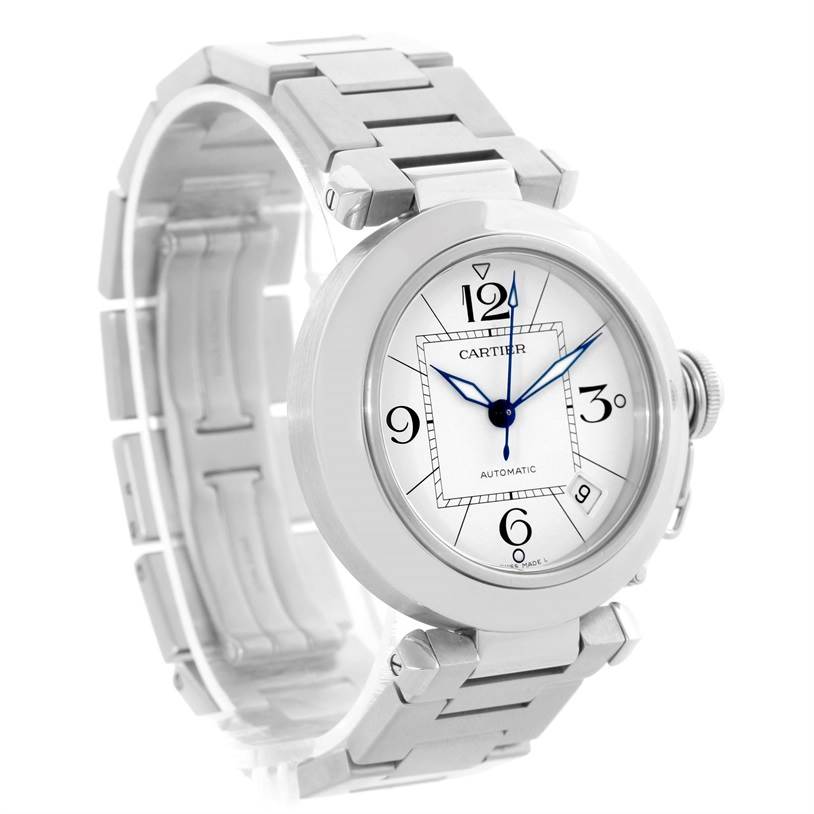 The image shows a frontal and angled view of the Cartier Pasha W31074M7 Men's Stainless Steel White Dial W31074M7 Men's Stainless Steel White Dial model watch, highlighting the bracelet and dial.