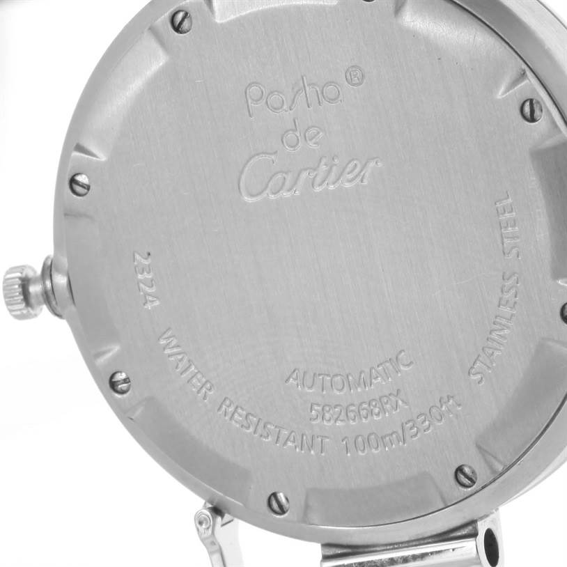 The image shows the back case of a Cartier Pasha W31074M7 Men's Stainless Steel White Dial W31074M7 Men's Stainless Steel White Dial watch, highlighting engravings and the crown.