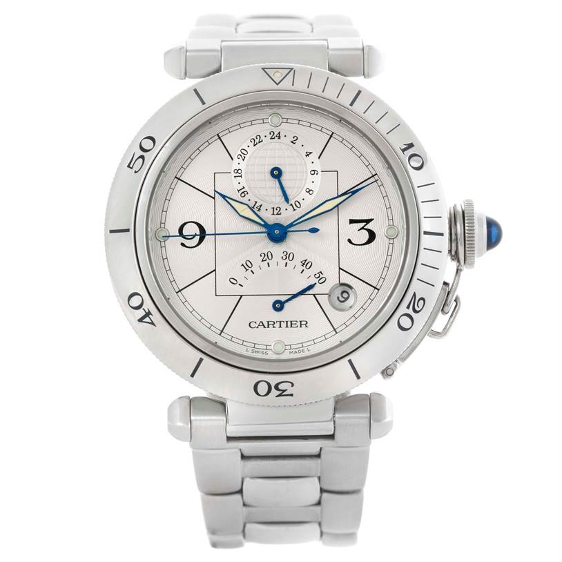 This image shows a Cartier Pasha W31037H3 Men's Stainless Steel Silver Dial W31037H3 Men's Stainless Steel Silver Dial watch from the front, displaying the face, bezel, crown, and part of the metal bracelet.