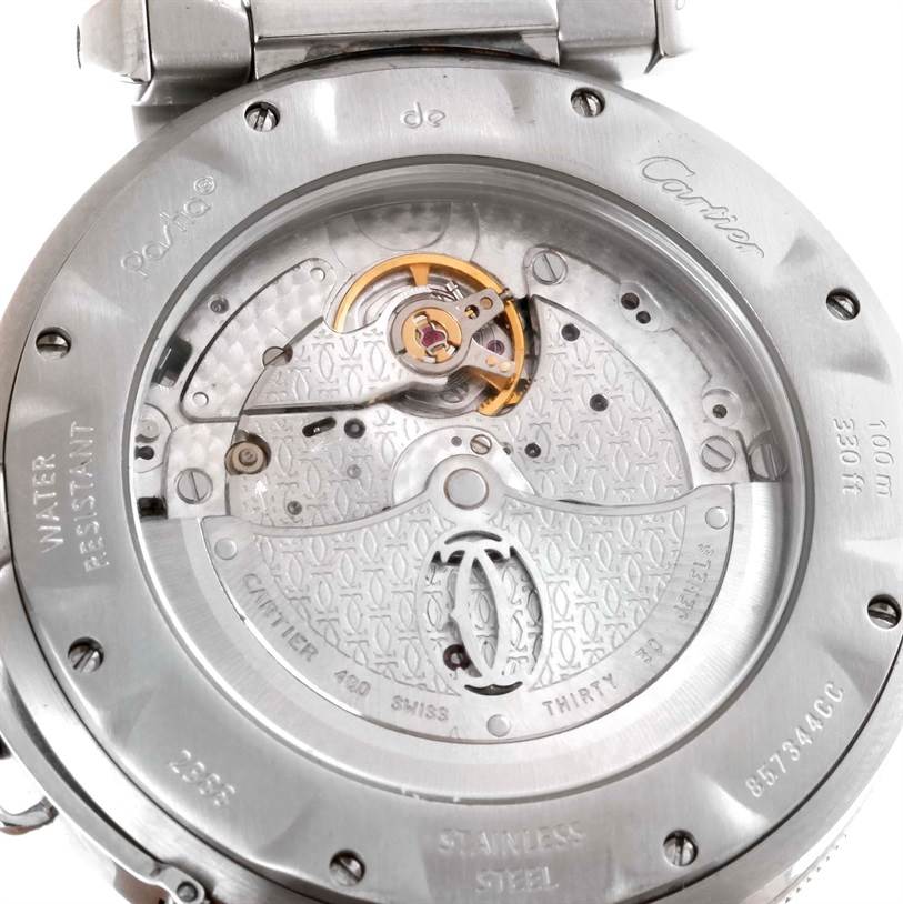 The image shows the back case of the Cartier Pasha W31037H3 Men's Stainless Steel Silver Dial W31037H3 Men's Stainless Steel Silver Dial watch, revealing the visible movement and engravings.