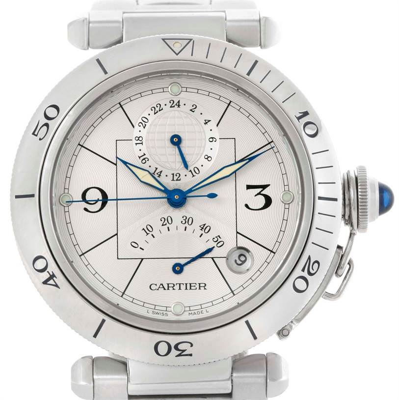 The image shows a full frontal view of the Cartier Pasha W31037H3 Men's Stainless Steel Silver Dial W31037H3 Men's Stainless Steel Silver Dial watch, highlighting its dial, bezel, and crown.