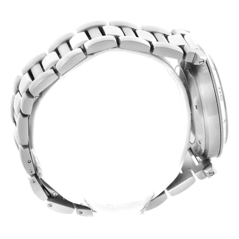 The image shows a side profile of a Cartier Pasha W31037H3 Men's Stainless Steel Silver Dial W31037H3 Men's Stainless Steel Silver Dial watch, focusing on its metal bracelet and part of the case.