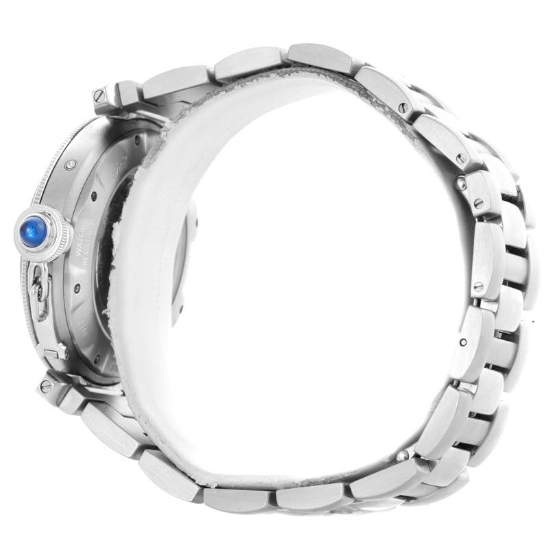 This image shows the side view of a Cartier Pasha W31037H3 Men's Stainless Steel Silver Dial W31037H3 Men's Stainless Steel Silver Dial watch, highlighting the crown and bracelet links.