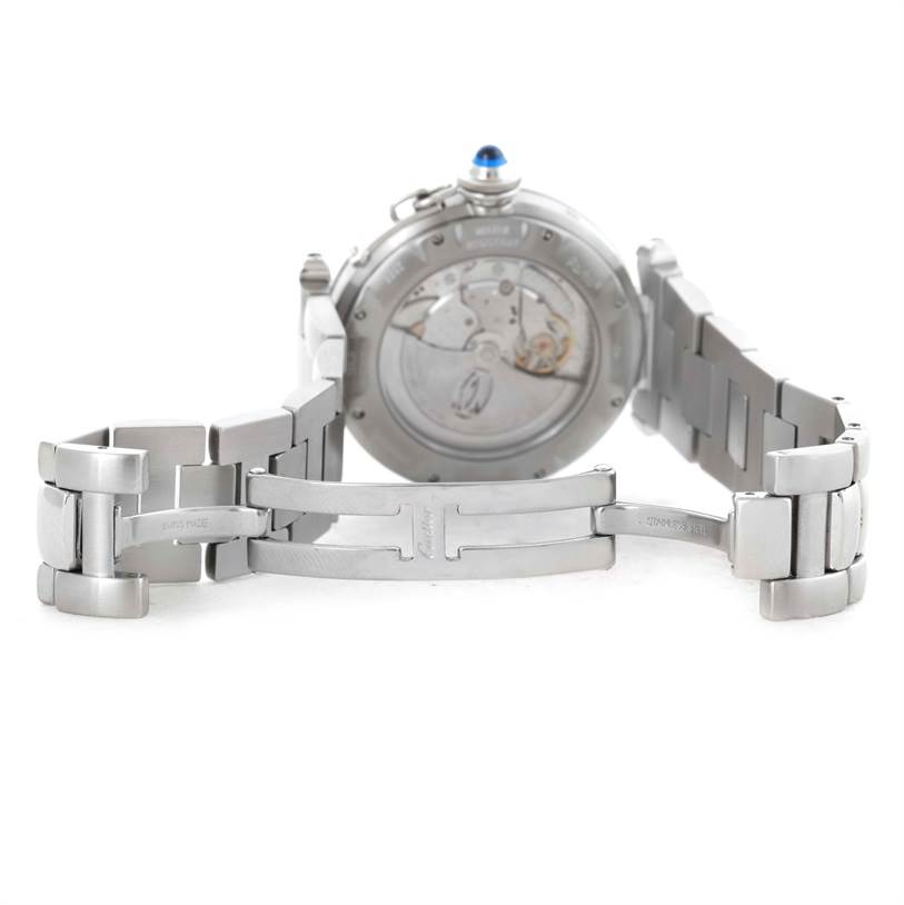 The image shows the back of a Cartier Pasha W31037H3 Men's Stainless Steel Silver Dial W31037H3 Men's Stainless Steel Silver Dial watch and its open metal bracelet clasp.