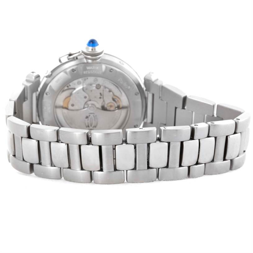 The image shows the back view of a Cartier Pasha W31037H3 Men's Stainless Steel Silver Dial W31037H3 Men's Stainless Steel Silver Dial watch, highlighting its metal bracelet and the case back with visible internal mechanisms.