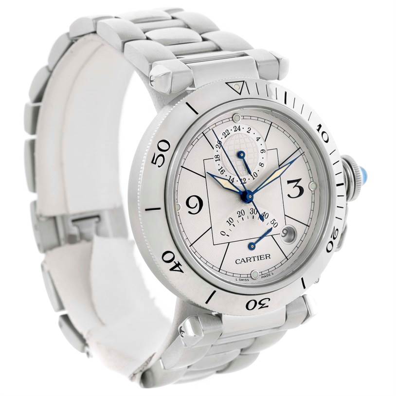 The Cartier Pasha W31037H3 Men's Stainless Steel Silver Dial W31037H3 Men's Stainless Steel Silver Dial watch shown at a slight angle features its face, bezel, crown, and part of the bracelet.