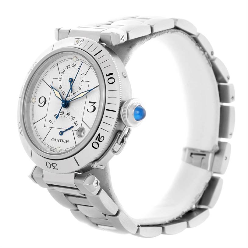 This image shows a side and front angle of the Cartier Pasha W31037H3 Men's Stainless Steel Silver Dial W31037H3 Men's Stainless Steel Silver Dial watch, highlighting its face, bezel, crown, and metal bracelet.