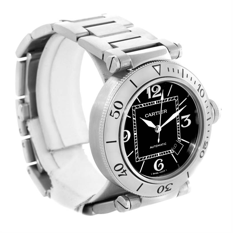 The image shows a Cartier Pasha W31077M7 Men
s Stainless Steel Black Dial W31077M7 Men
s Stainless Steel Black Dial watch from a three-quarter front angle, highlighting its face, bezel, and bracelet.