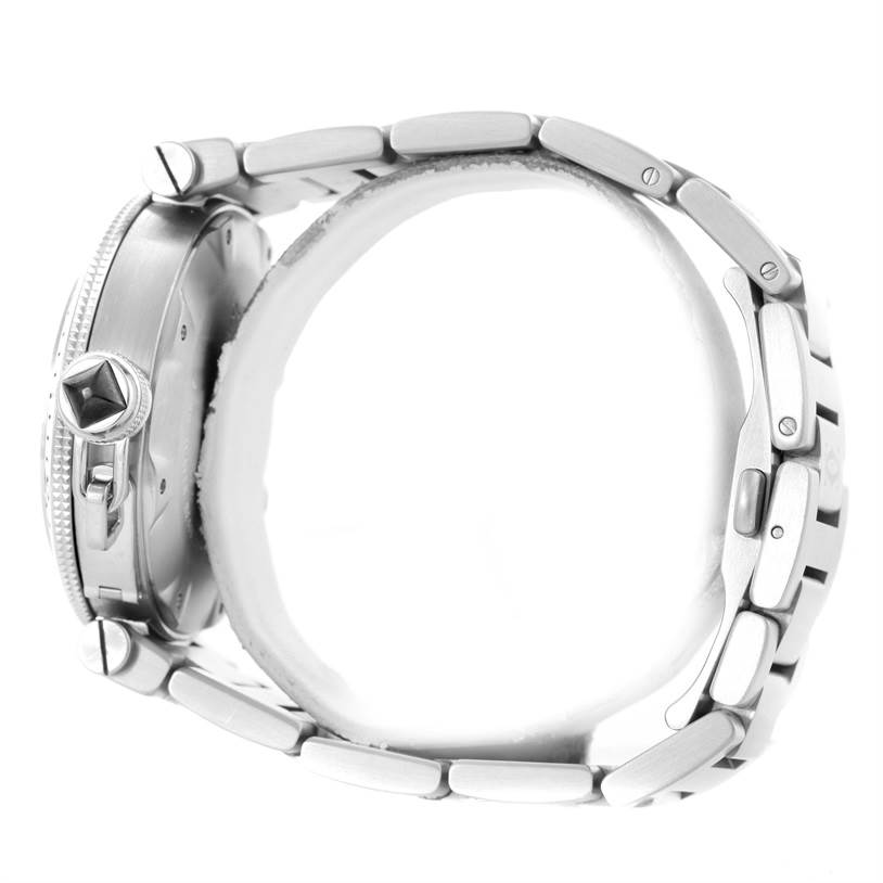 The image shows a side view of the Cartier Pasha W31077M7 Men
s Stainless Steel Black Dial W31077M7 Men
s Stainless Steel Black Dial model watch, highlighting the bracelet and crown.