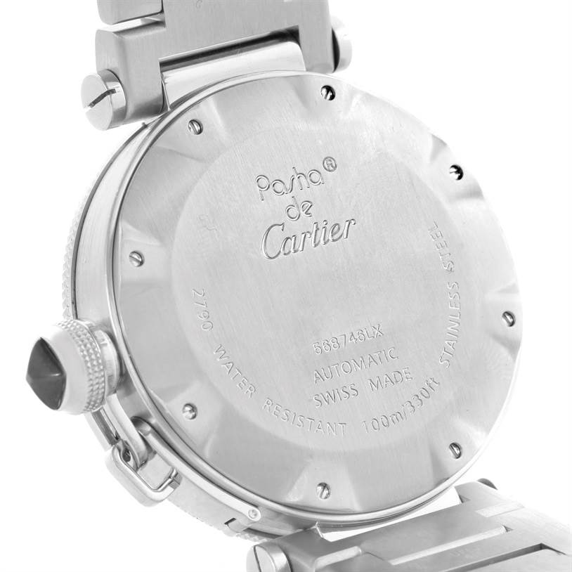 The image shows the back case of a Cartier Pasha W31077M7 Men
s Stainless Steel Black Dial W31077M7 Men
s Stainless Steel Black Dial watch, highlighting its inscriptions and crown.