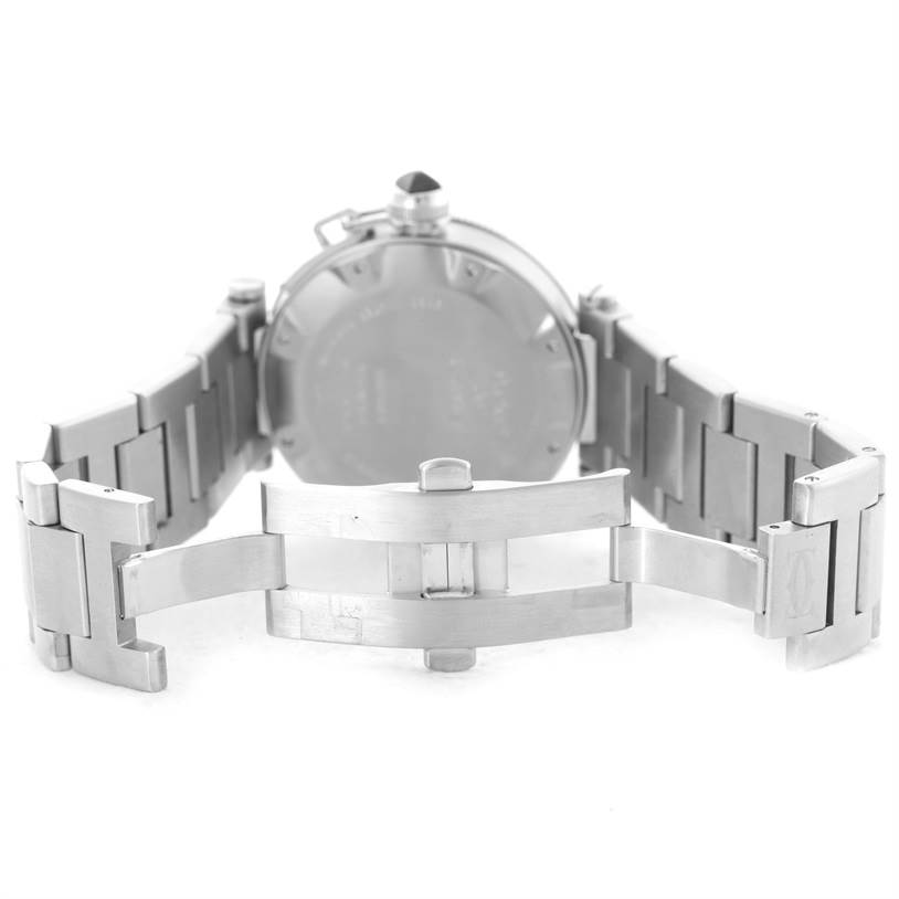 The image shows the back of a Cartier Pasha W31077M7 Men
s Stainless Steel Black Dial W31077M7 Men
s Stainless Steel Black Dial watch with its stainless steel bracelet and deployment clasp.