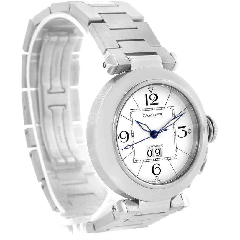 The image shows a side angle view of a Cartier Pasha W31055M7 Men
s Stainless Steel White Dial W31055M7 Men
s Stainless Steel White Dial watch, revealing its face, case, and part of the stainless steel bracelet.