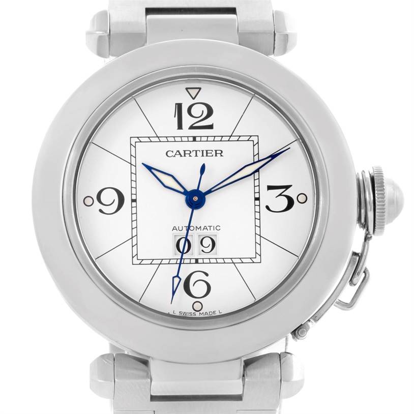 The image shows a front view of the Cartier Pasha W31055M7 Men
s Stainless Steel White Dial W31055M7 Men
s Stainless Steel White Dial watch, highlighting its dial, hands, and crown guard.