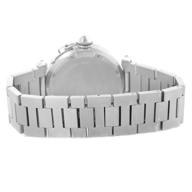 The image shows the back view of the Cartier Pasha W31055M7 Men
s Stainless Steel White Dial W31055M7 Men
s Stainless Steel White Dial watch, highlighting its bracelet and case back.