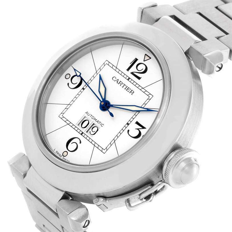 The image shows the dial and part of the bracelet of a Cartier Pasha W31055M7 Men
s Stainless Steel White Dial W31055M7 Men
s Stainless Steel White Dial watch at an oblique angle.