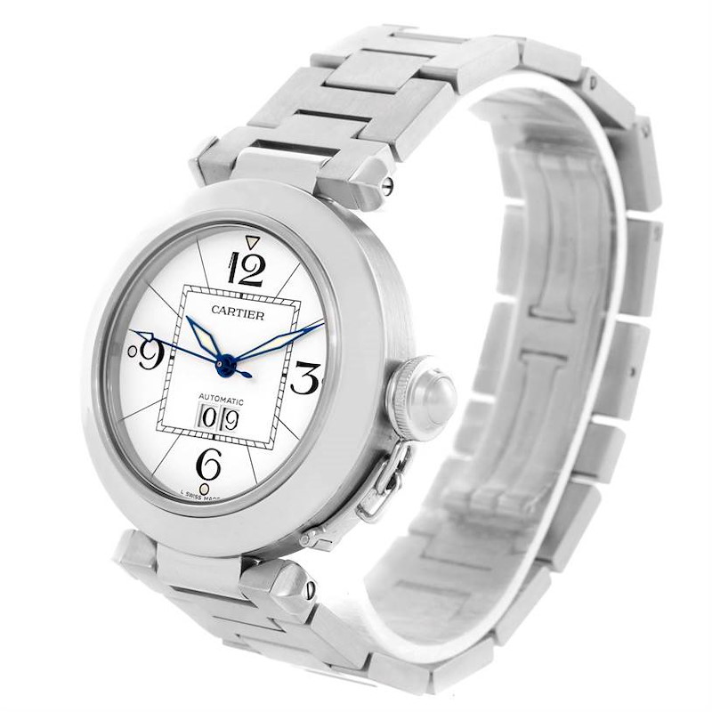 Cartier Pasha C Midsize Steel Watch Big Date White Dial W31055M7 SwissWatchExpo